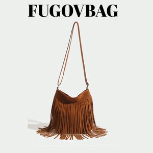 Boho Suede Bucket Bag With Tassels, Vintage Brown Crossbody Handbag For Women, Small Double Sided Fringe Shoulder Purse For Daily Outfits