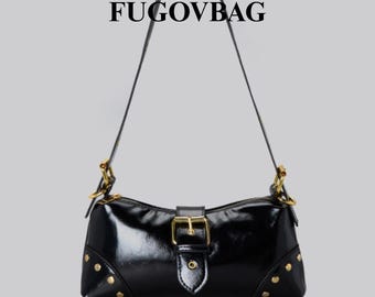 Black Patent Retro Shoulder Bag with Gold Buckle and Stud Details – Vintage Underarm Bag