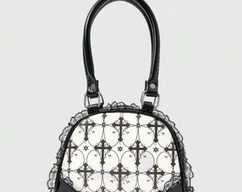 Gothic Cross Print Shoulder Bag: Lace Trim Bowling Purse