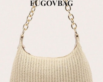Apricot Straw Woven Shoulder Bag with Gold Chain for Summer Outings