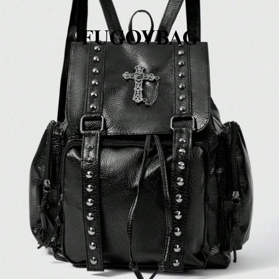 Black PU Leather Rivet Backpack Shoulder Bag With Gothic Punk