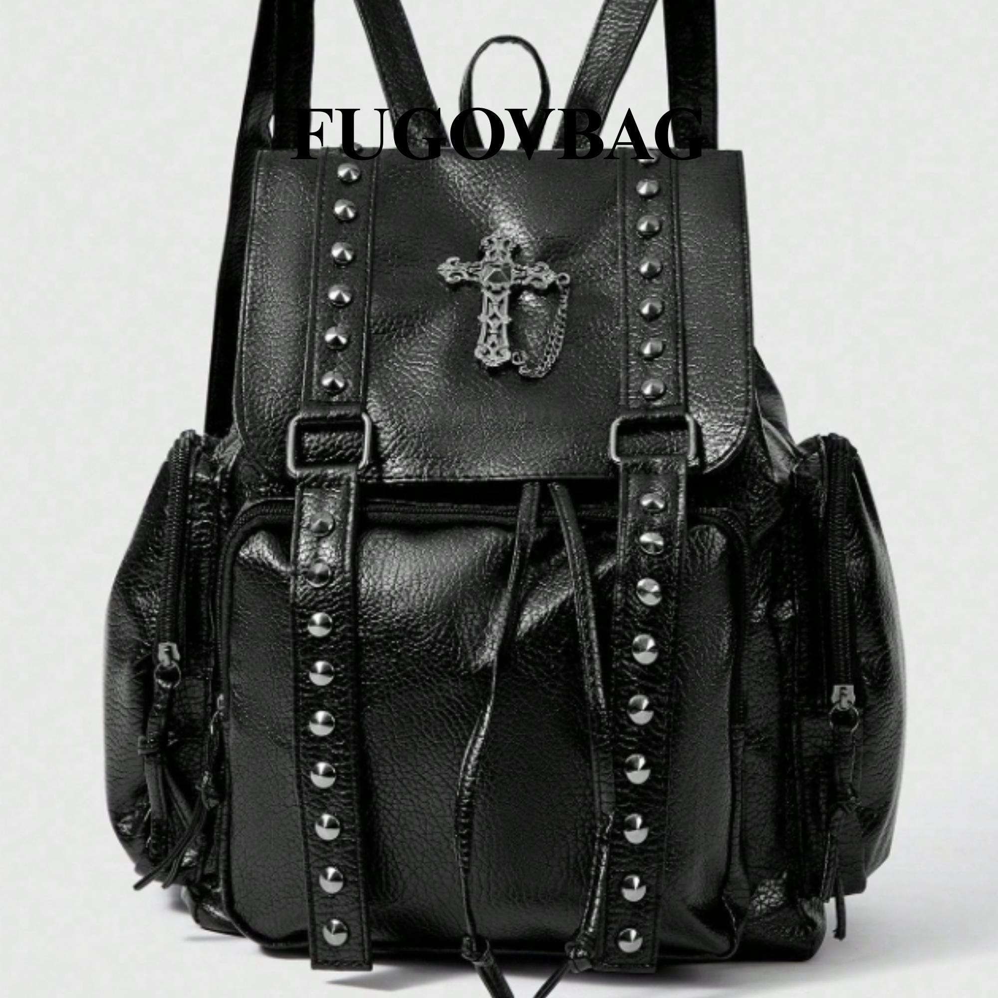 バッグ Leather Cross Studs Backpack Black PU Leather Rivet Backpack Shoulder Bag With Gothic Punk