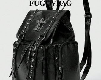 Black PU Leather Rivet Backpack Shoulder Bag With Gothic Punk
