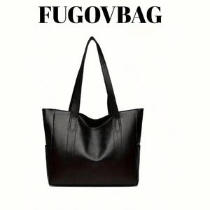 Może przedstawiać: Czarna torba typu tote z długimi uchwytami. Torba ma prostokątny kształt ze strukturalnym designem i dwiema zewnętrznymi kieszeniami. Tekst "FUGOVBAG" jest wyświetlany u góry obrazu.