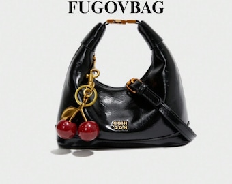 Black Waterproof PU Handbag: Cherry Pendant & Gold Hardware
