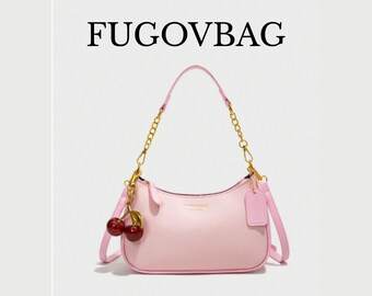 Waterproof PU Crescent Bag with Cherry Pendant