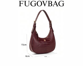 Wine Red Crocodile PU Leather Crescent Bag, Elegant Shoulder