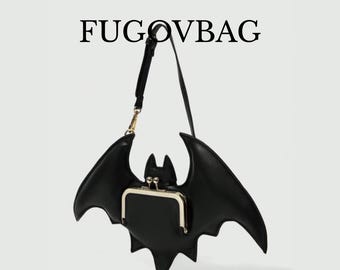 Gothic Bat Purse, Black Faux Leather Shoulder Bag, Halloween Handbag