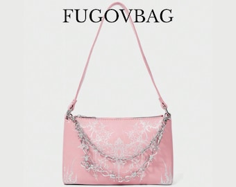 Borsa a tracolla rosa gotica con catena argentata, borsa da streetwear punk per donna