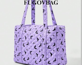 Goth Purple Bat Print Tote Bag, Halloween Handbag, Spooky Purse