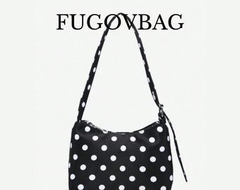 Bolso de hombro vintage de nailon con lunares negros y forma de media luna