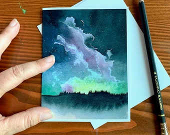 Blank Card with Envelope, Watercolor notecard, Galaxy Painting, Watercolor Landscape, Forest Paintings, Greeting Card