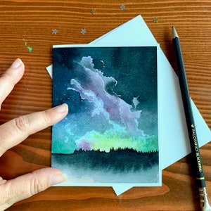 Blank Card with Envelope, Watercolor notecard, Galaxy Painting, Watercolor Landscape, Forest Paintings, Greeting Card image 1