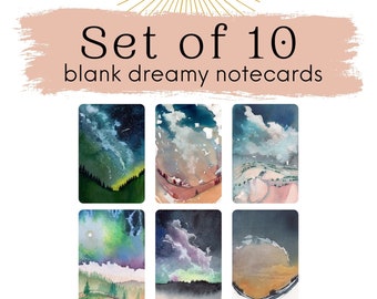 Set of 10 Cards, Watercolor notecards, Galaxy Painting, Watercolor Landscape, Northern Lights, Aurora Borealis, Blank Greeting Card, Starry