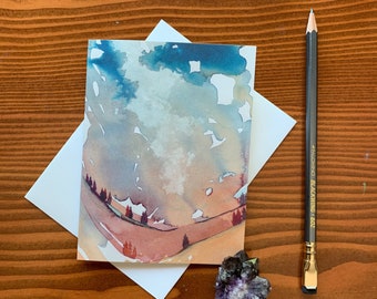 Blank Card with Envelope, Watercolor notecard, Galaxy Painting, Watercolor Landscape, Forest Paintings, Greeting Card, Shooting Star