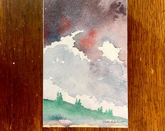 Tiny Watercolor World : mini watercolor landscape, framed artwork, original painting, ready to hang art, forest, dreamy night sky, galaxy