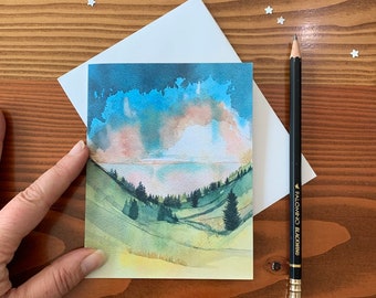 Blank Card with Envelope, Watercolor notecard, Galaxy Painting, Watercolor Landscape, Forest Paintings, Greeting Card