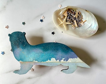 Sea Otter Magnet, Hand Painted Magnets, Watercolor Ocean, Refrigerator Kitchen Decor, Starry Night, Celestial, gift under 20, Fridge Magnet