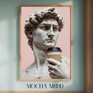 Michelangelo David Statue with Coffee Cup Wall Art – Funny Classical Art Print, Modern Aesthetic Poster, Digital Download, PNG + Cutout File
