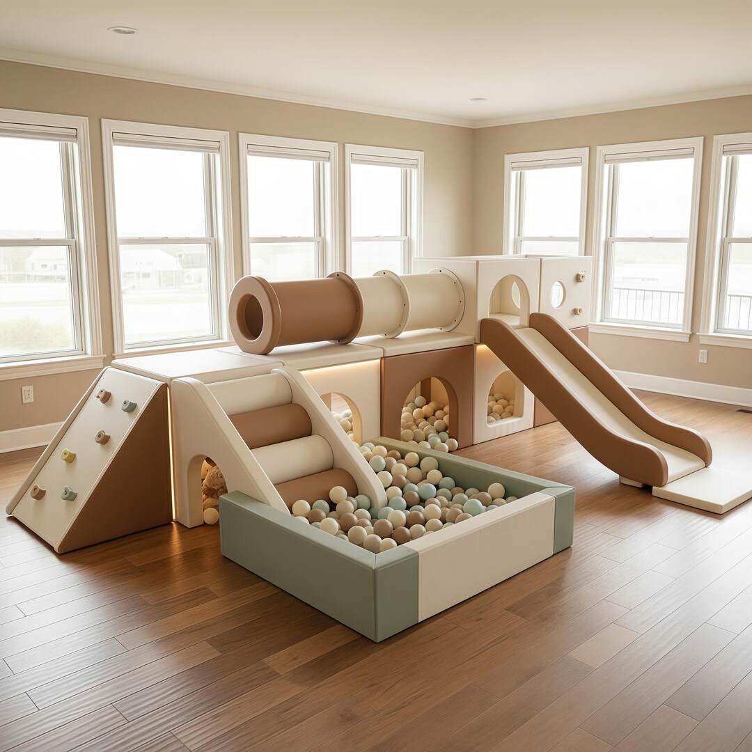 Modular Tunnel Play System With Slides & Ball Pit | Earthy Neutral Wood ...