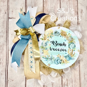 Summer Beach Wreath, Beach Door Hanger, Coastal Vacation Home Decor, Nautical Summer Door Decor with Starfish & Seashells