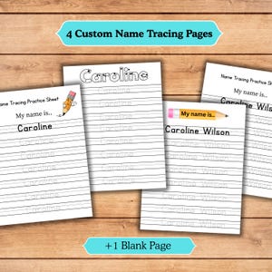 May include: Four custom name tracing pages with the name "Caroline" and "Caroline Wilson" printed on them. Each page has lines for tracing the name. The text "4 Custom Name Tracing Pages" and "+1 Blank Page" are also visible.