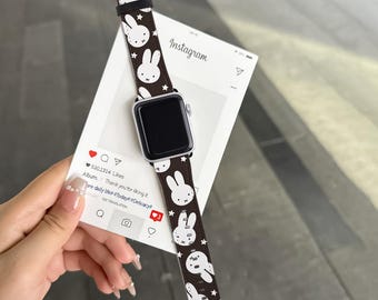 Kawaii Rabbit Stars Aesthetic Vegan Leather Watch Band For Apple Watch Minimalist iWatch Strap Series 11 10 9 8 7 SE Ultra Cute iWatch Band