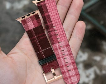 Pretty Pink Plaid Pattern Vegan Leather iWatch Band for Apple Watch Pink Minimalist iWatch Strap Series 11 10 9 8 7 SE Ultra Cute Watch Band