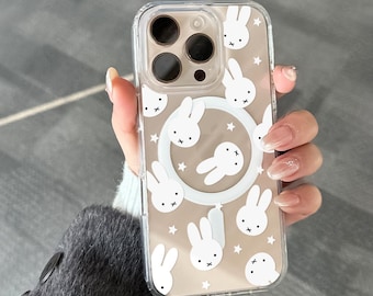Kawaii Rabbit Star Clear MagSafe Phone Case for iPhone 17 Pro Max 16 15 14 13 Galaxy S26 S25 Ultra S24 Plus S23 S21 Minimalist Phone Cover