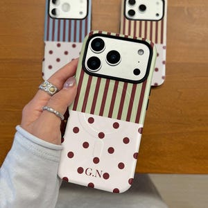 CUSTOM Initials Minimalist Polka Dot Stripes Phone Case for iPhone MagSafe 17 Pro Max 16 15 14 13 Galaxy S26 Ultra S25 S24 S23 Pixel Case