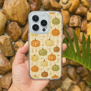 Cozy Fall Plaid Autumn Pumpkin Clear Phone Case for iPhone 16 15 14 13 12 11 Pro Max S25 Ultra S24 S23 Halloween Gift Cute Fall Samsung Case