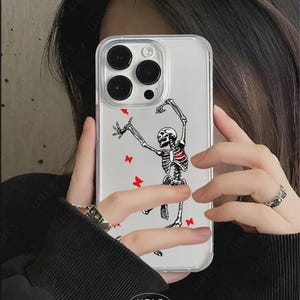 Glücklich tanzendes Skelett klare Handyhülle für iPhone 16 15 14 13 12 11 Pro Max S25 Ultra S24 S23 Halloween Handytasche Niedliche Grunge Samsung Hülle