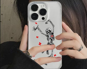 Happy Dancing Skeleton Clear Phone Case for iPhone 16 15 14 13 12 11 Pro Max S25 Ultra S24 S23 Halloween Phone Case Cute Grunge Samsung Case