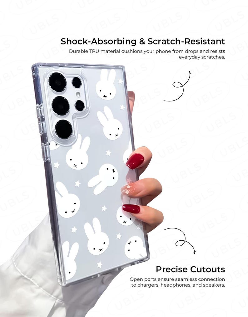 May include: Clear phone case with a white bunny and star pattern. The case is shock-absorbing and scratch-resistant, with precise cutouts for chargers, headphones, and speakers. The text on the case reads "Shock-Absorbing & Scratch-Resistant" and "Precise Cutouts".