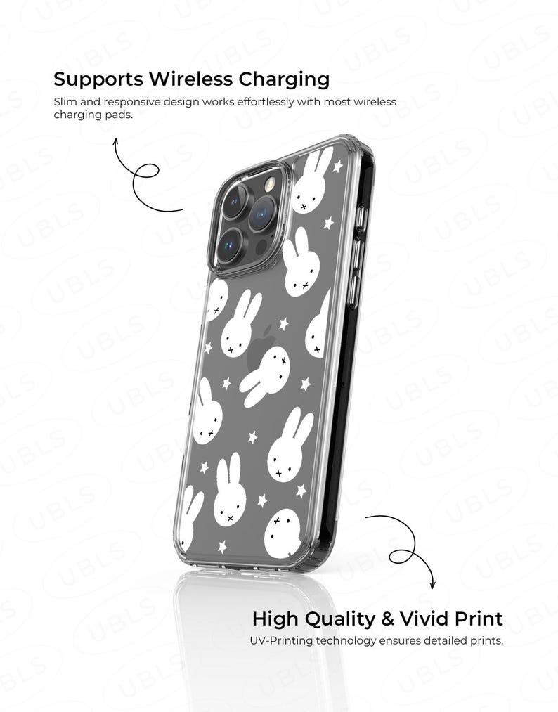 May include: Clear phone case with a gray background and a pattern of white bunny faces and stars. The case is designed to support wireless charging and features high-quality, vivid printing.