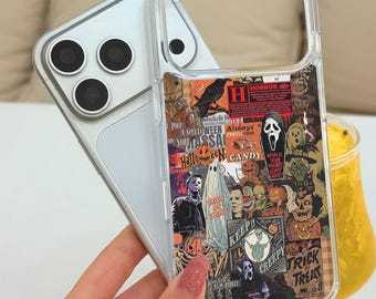 May include: A clear smartphone case featuring a collage of Halloween-themed graphics, including a ghost, pumpkins, a black crow, and horror movie characters. The design incorporates text such as Horror, Candy, Keep Creepy, and Trick or Treat.