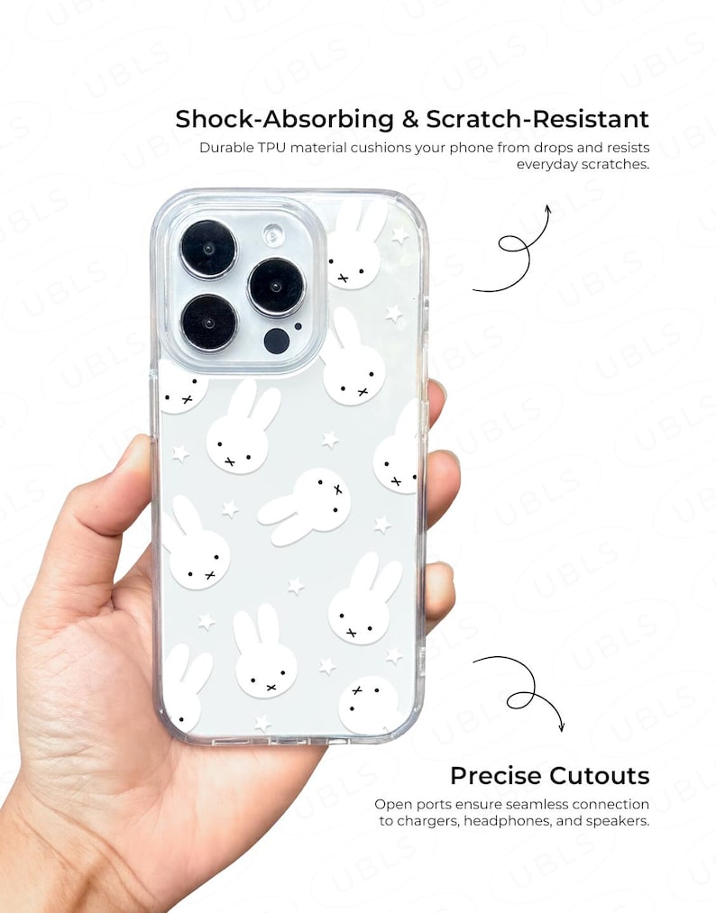 May include: Clear phone case with a white bunny and star pattern. The case is shown with the text "Shock-Absorbing & Scratch-Resistant" and "Precise Cutouts". The case is designed to protect the phone from drops and scratches.