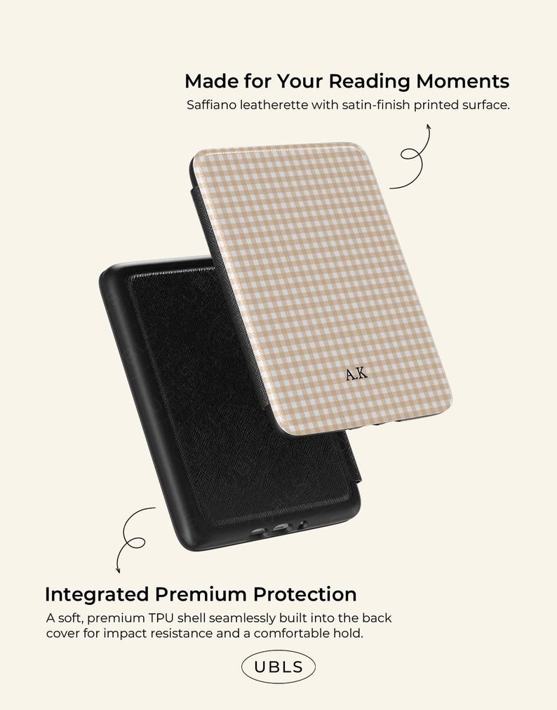 May include: A black and beige phone case featuring a gingham design and the initials "A.K." The case is made of Saffiano leatherette and has the text "Made for Your Reading Moments" and "Integrated Premium Protection."