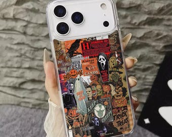 Funda de teléfono con collage retro de Halloween y películas de terror para iPhone 17, 16, 15, 14, 13, 12, 11 Pro Max, Galaxy S25 Ultra, S24 Plus, S23, S21, regalo espeluznante