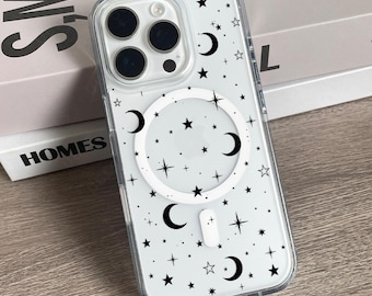 Minimalist Celestial Clear Phone Case with Moon Star for iPhone MagSafe 17 Pro Max 16 15 14 13 Galaxy S26 Ultra S25 S24 Plus S23 S21 Case