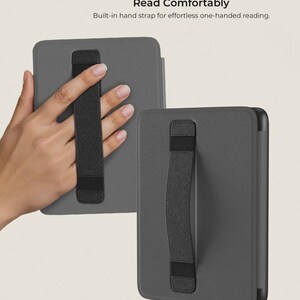 May include: Two grey e-reader cases with built-in black hand straps are shown. One case is held by a hand, demonstrating the strap's use. The text "Read Comfortably" and "Built-in hand strap for effortless one-handed reading" are visible.
