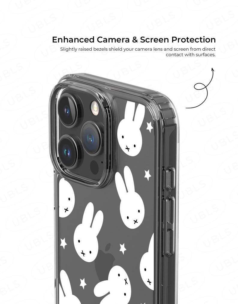 May include: Clear phone case with a repeating pattern of white bunny faces and stars on a dark gray background. The case has a protective design with slightly raised bezels to shield the camera lens and screen.