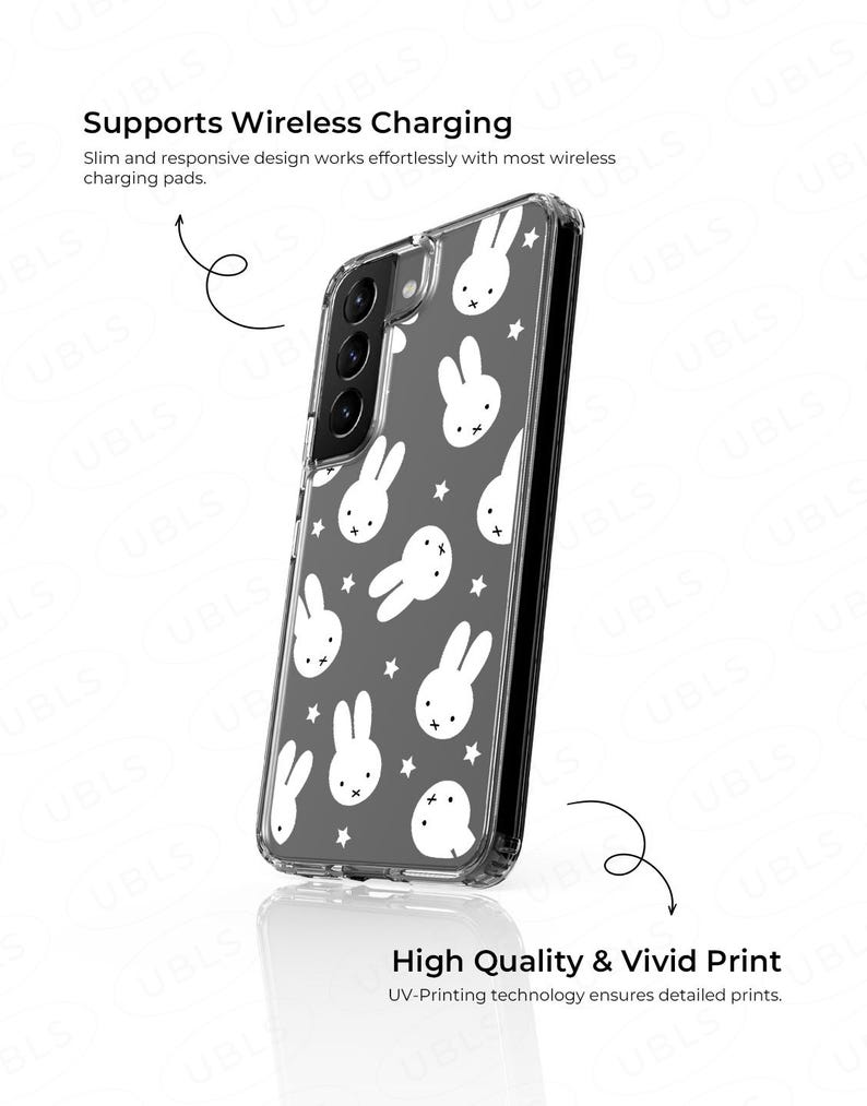 May include: Clear phone case with a gray background and white bunny and star pattern. The case has a black camera module and the text "Supports Wireless Charging" and "High Quality & Vivid Print".