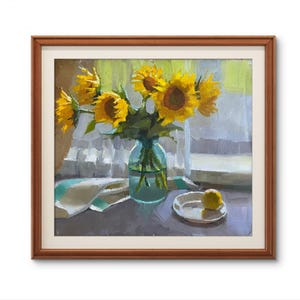 Original sunflower still life oil painting. Bouquet of sunflowers in a glass vase. Wall art. European fine art. Unique. Home wall decor.