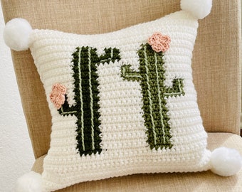 Decorative cactus pillow cover only- home decor- crochet pompom pillow cover