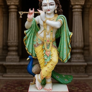 24 Inch White Marble Krishna Statue – Hindu God Idol Murti for Home Temple | Handmade Sculpture for Pooja Room Décor