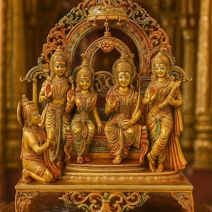 Brass Ram Darbar Murti 23.5 Inch Rama Sita Lakshman Hanuman Statue Hindu God Idol for Home Temple or Spiritual Gift Indian Brass Sculpture