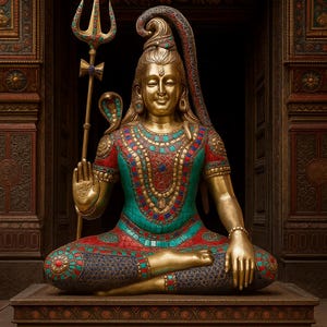 Brass Shiva Statue Mahadev Idol – Hindu God Shiv Shankar Murti with Stone Work – 19&quot; Religious Home Temple Décor
