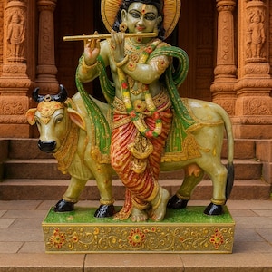 25.8 Kg Krishna with Cow Statue Aventurine Gemstone Hindu God Idol | Hand-Carved Indian Murti | Home Temple Decor | Spiritual Gift