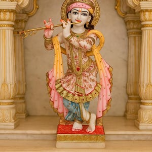 24&quot; White Marble Lord Krishna Statue Idol Hindu God Murti for Home Temple | Krishna Sculpture for Puja Room Hand-Carved Marble Krishna Idol